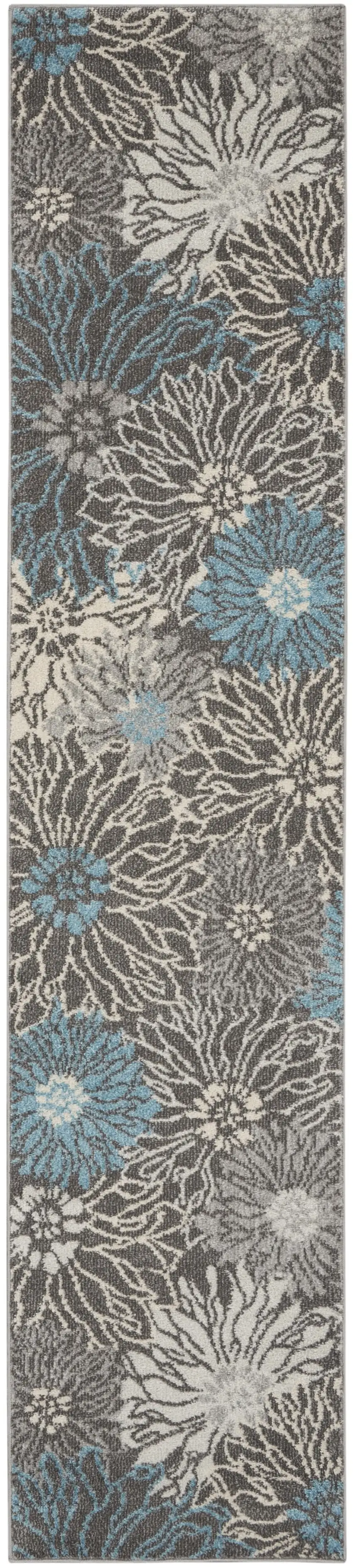 Charcoal and Blue Big Flower Runner Rug Photo 1