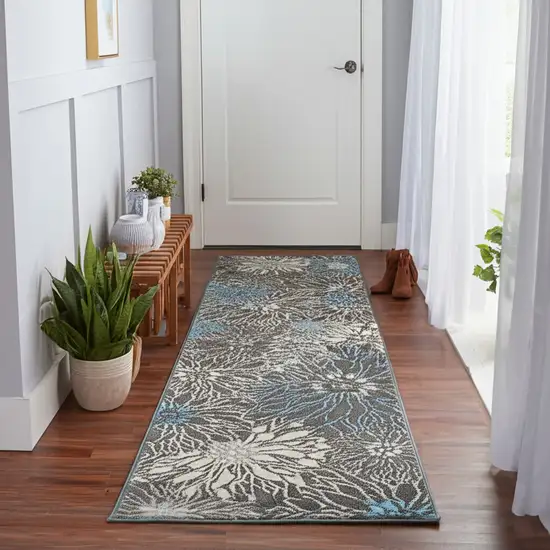 10' Blue And Gray Floral Runner Rug Photo 1