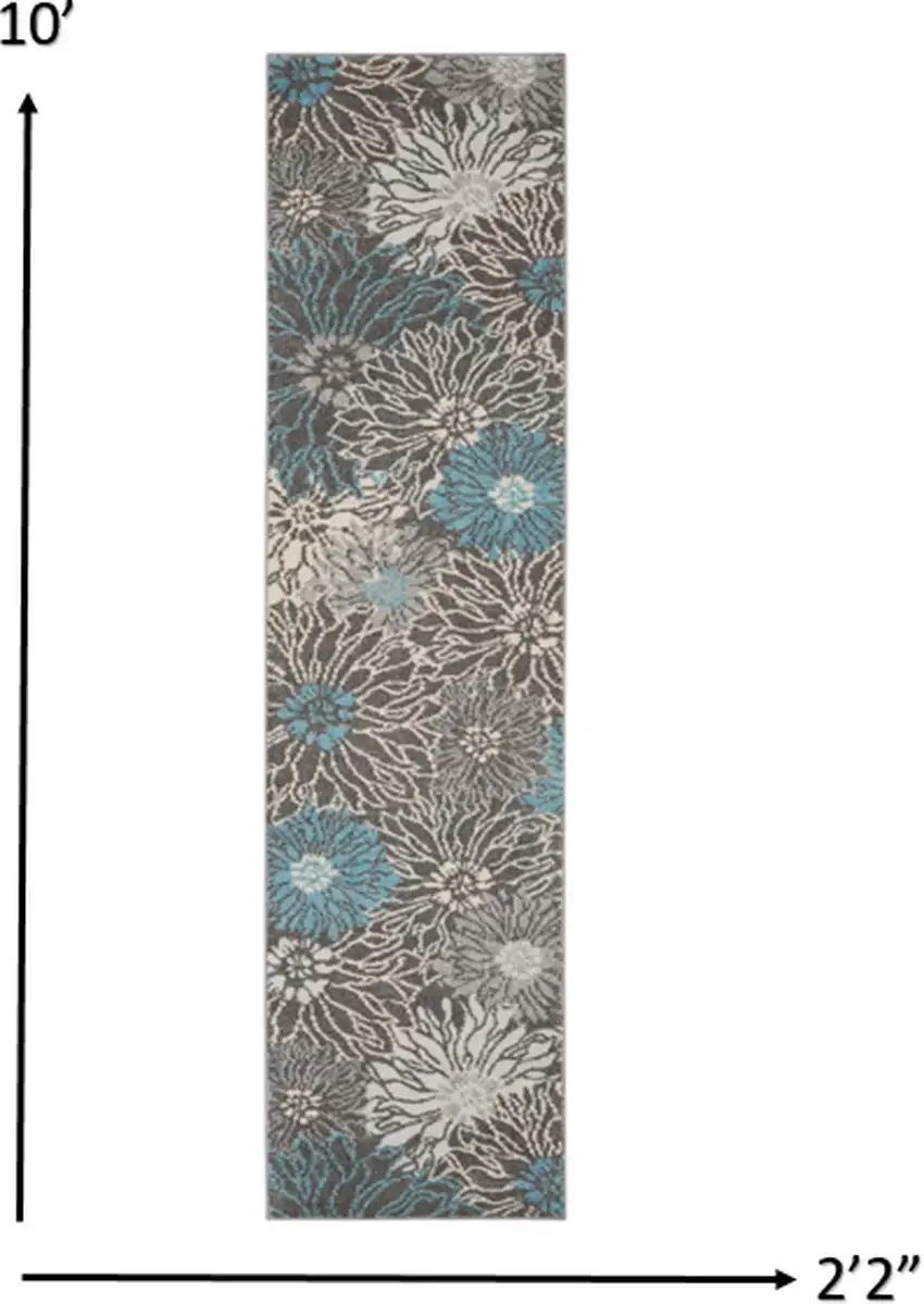 Charcoal and Blue Big Flower Runner Rug Photo 5