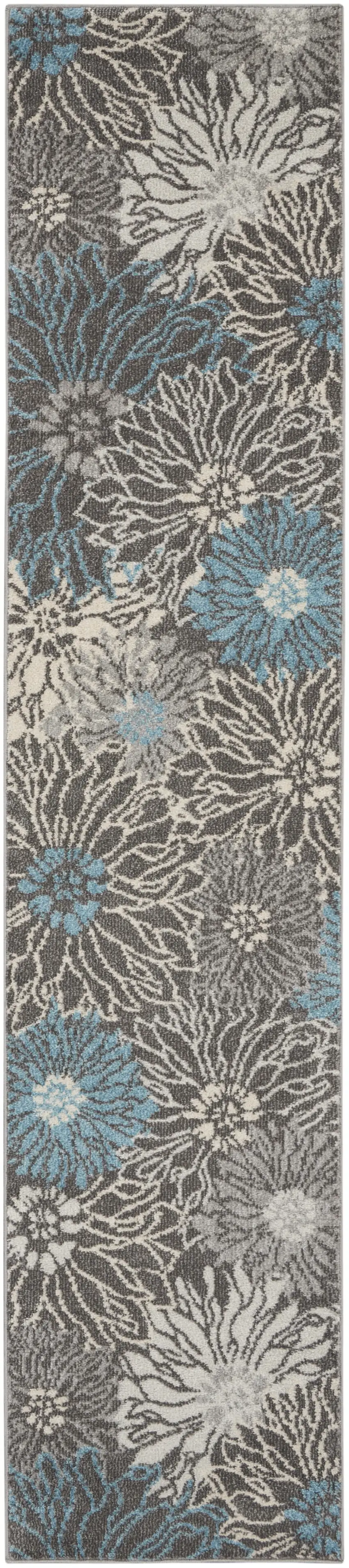10' Blue And Gray Floral Power Loom Runner Rug Photo 7