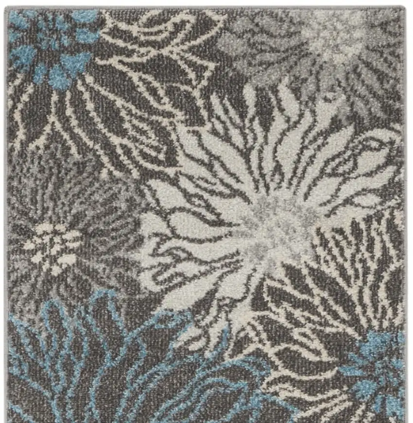 10' Blue And Gray Floral Runner Rug Photo 4