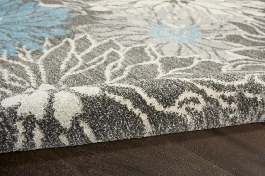 10' Blue And Gray Floral Power Loom Runner Rug Photo 4