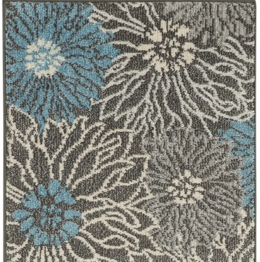 8' Blue And Gray Floral Runner Rug Photo 4