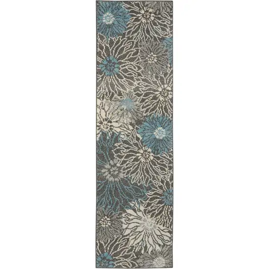8' Blue And Gray Floral Runner Rug Photo 4