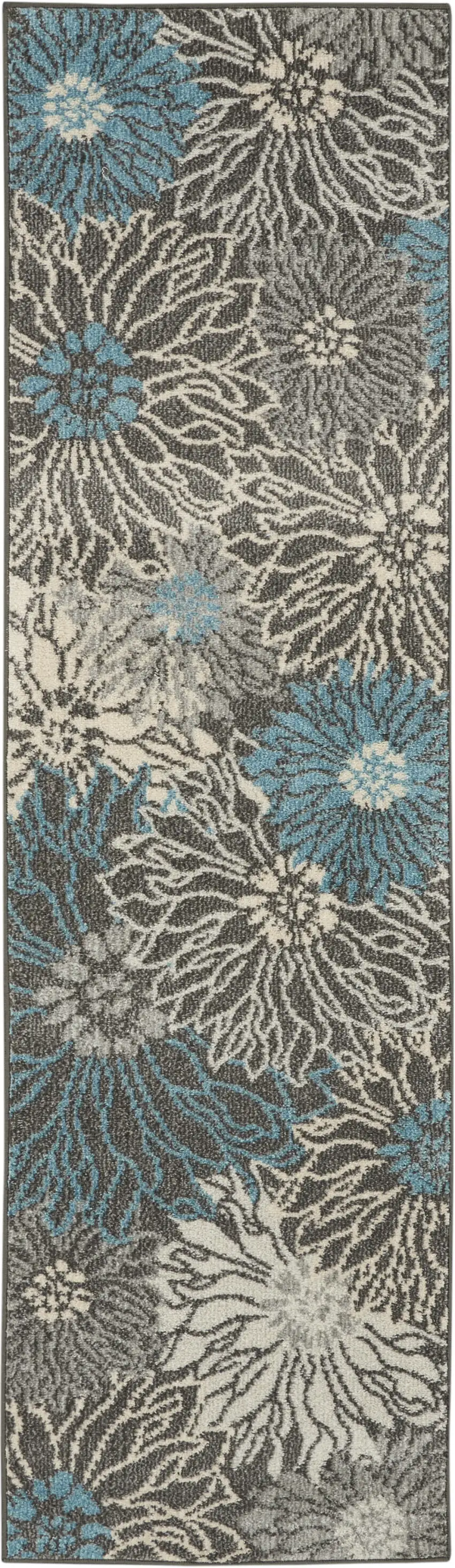 8' Blue And Gray Floral Runner Rug Photo 4