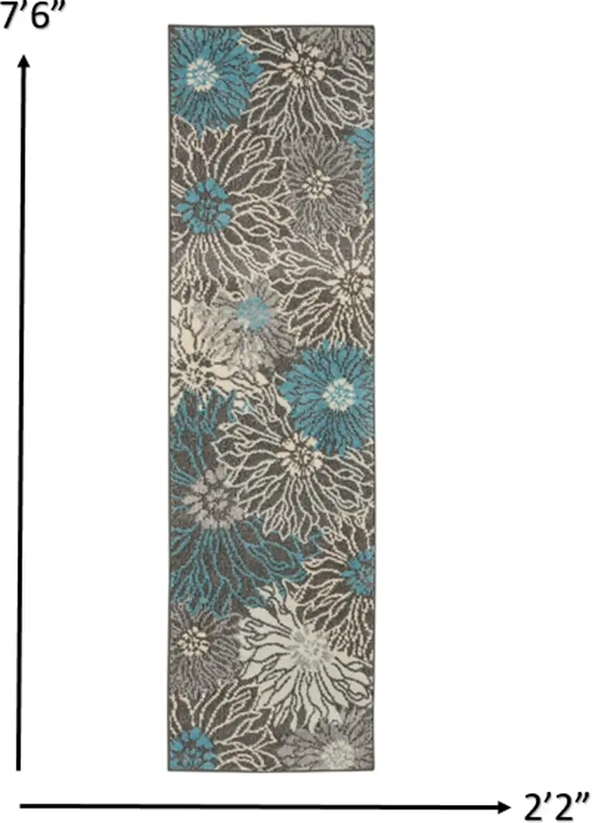 Charcoal and Blue Big Flower Runner Rug Photo 4