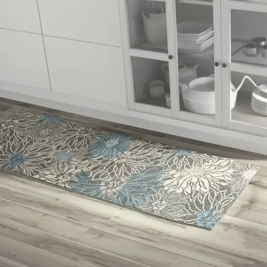 8' Blue And Gray Floral Runner Rug Photo 2
