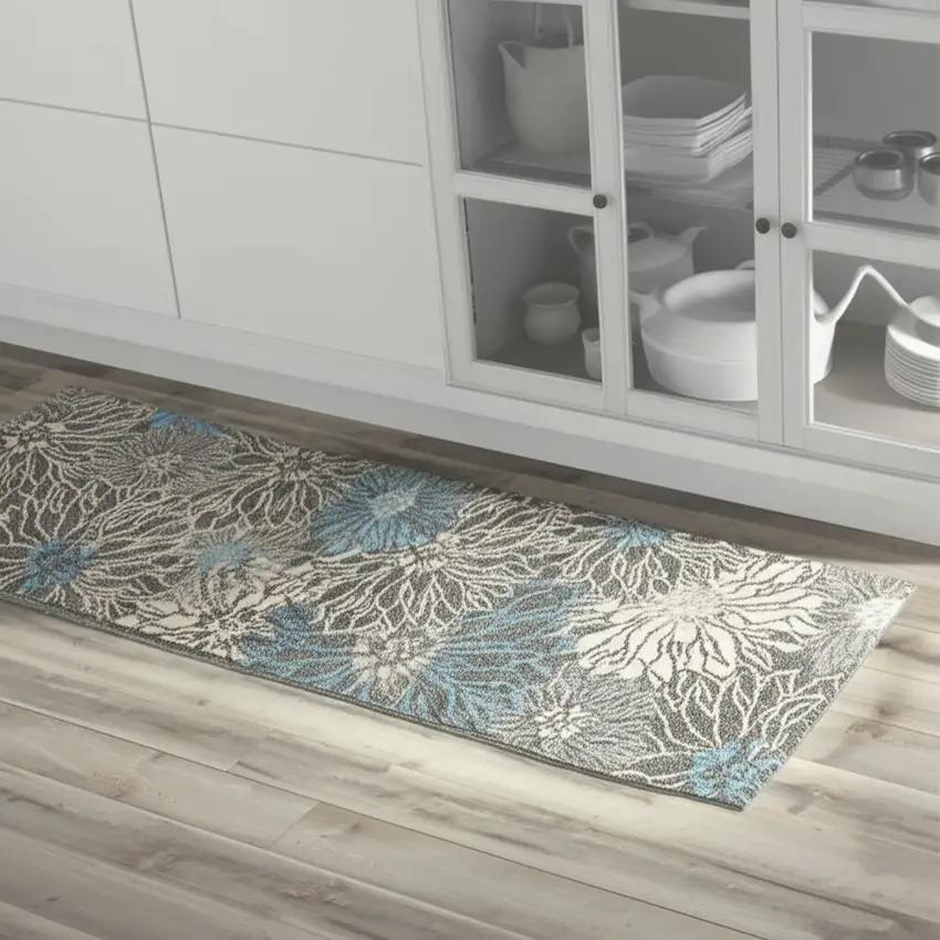8' Blue And Gray Floral Runner Rug Photo 2