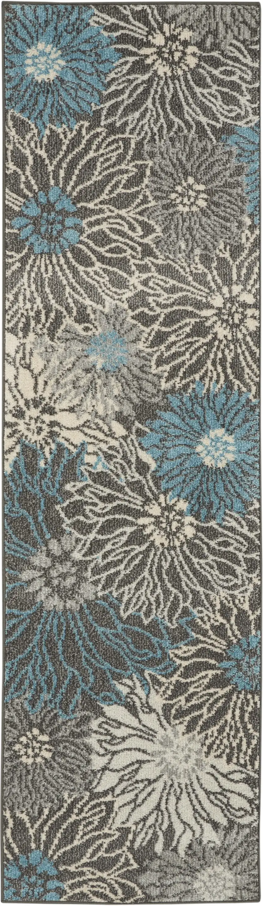 Charcoal and Blue Big Flower Runner Rug Photo 1