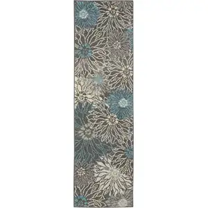 Photo of Charcoal and Blue Big Flower Runner Rug