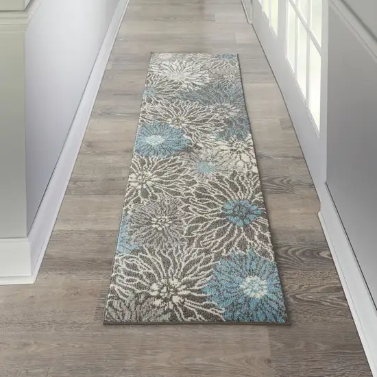 8' Blue And Gray Floral Runner Rug Photo 5