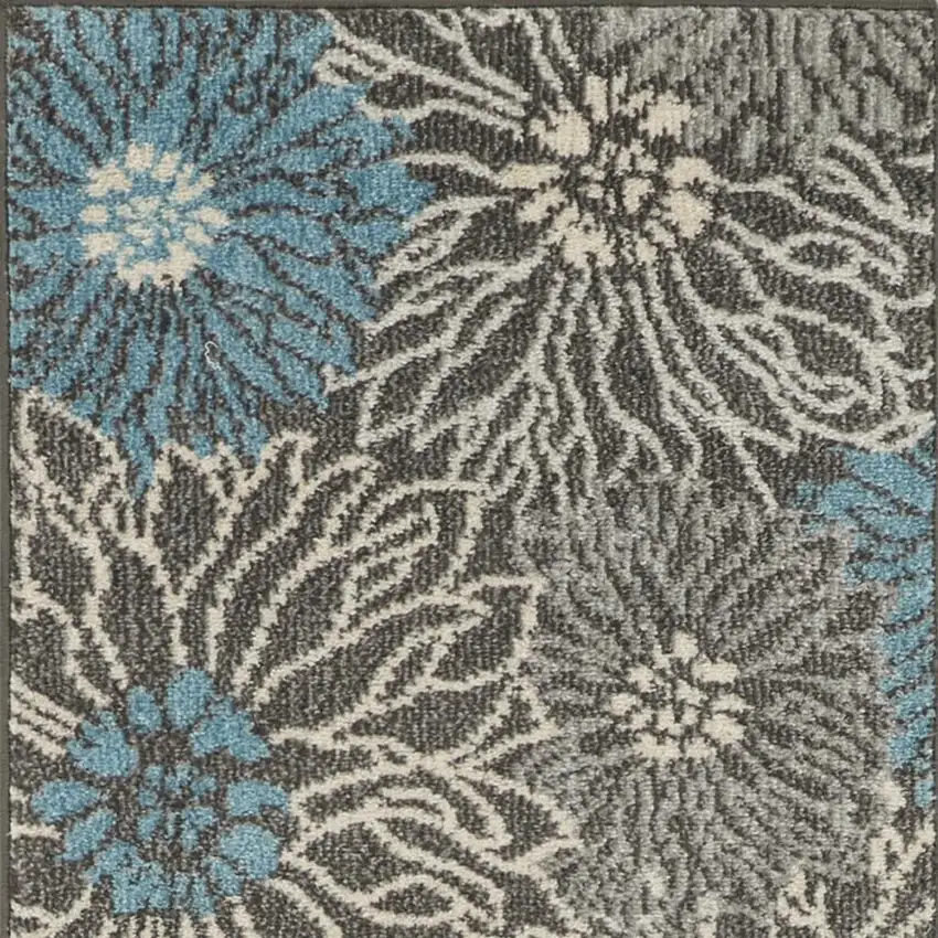 8' Blue And Gray Floral Runner Rug Photo 3
