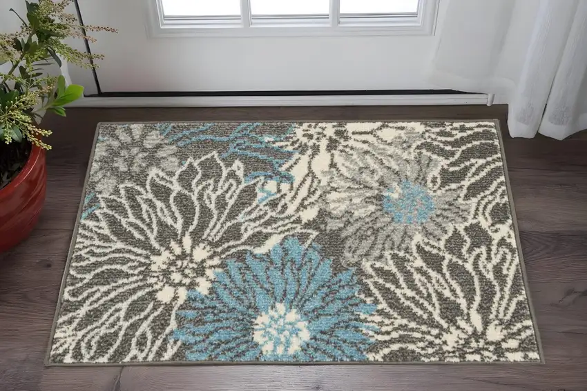 Blue And Gray Floral Area Rug Photo 2
