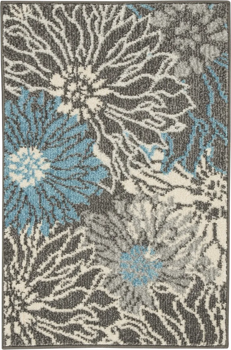 Charcoal and Blue Big Flower Scatter Rug Photo 1