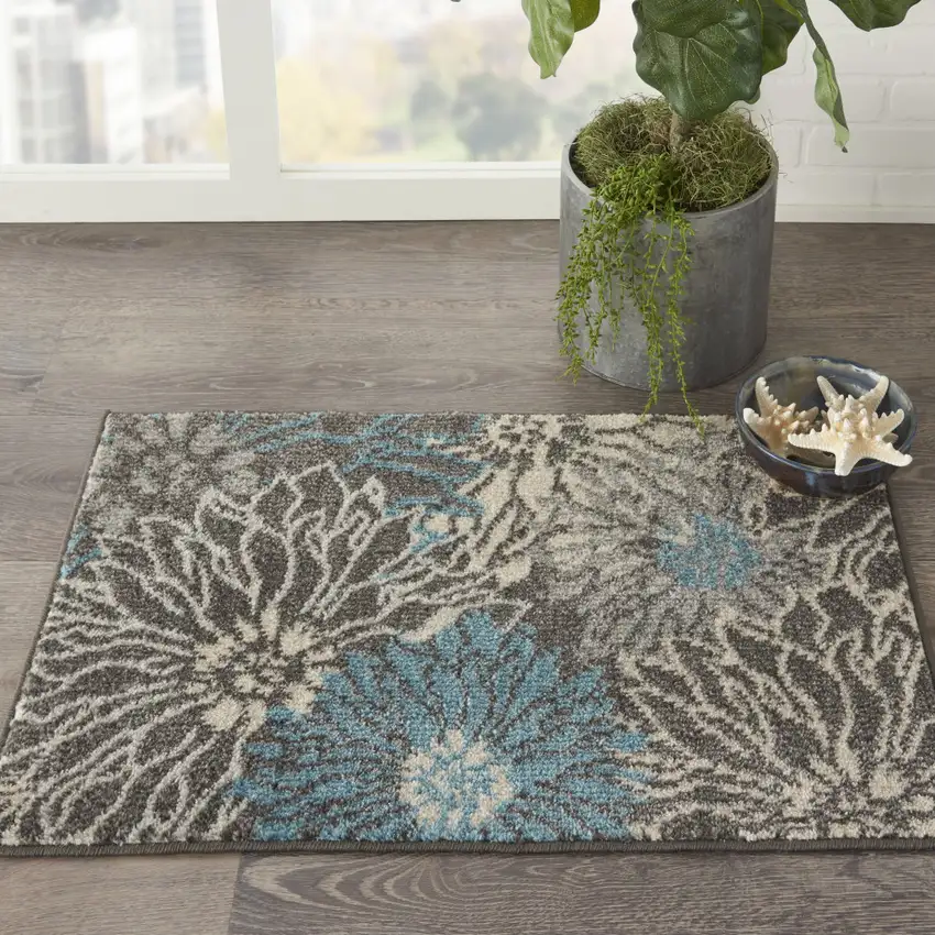 Blue And Gray Floral Area Rug Photo 4