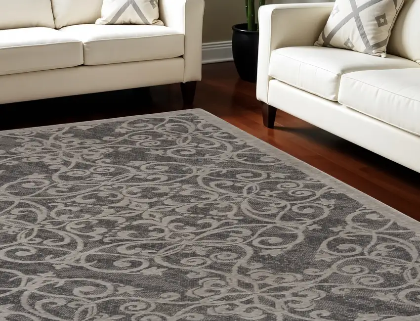 Charcoal and Gray Damask Distressed Area Rug Photo 1