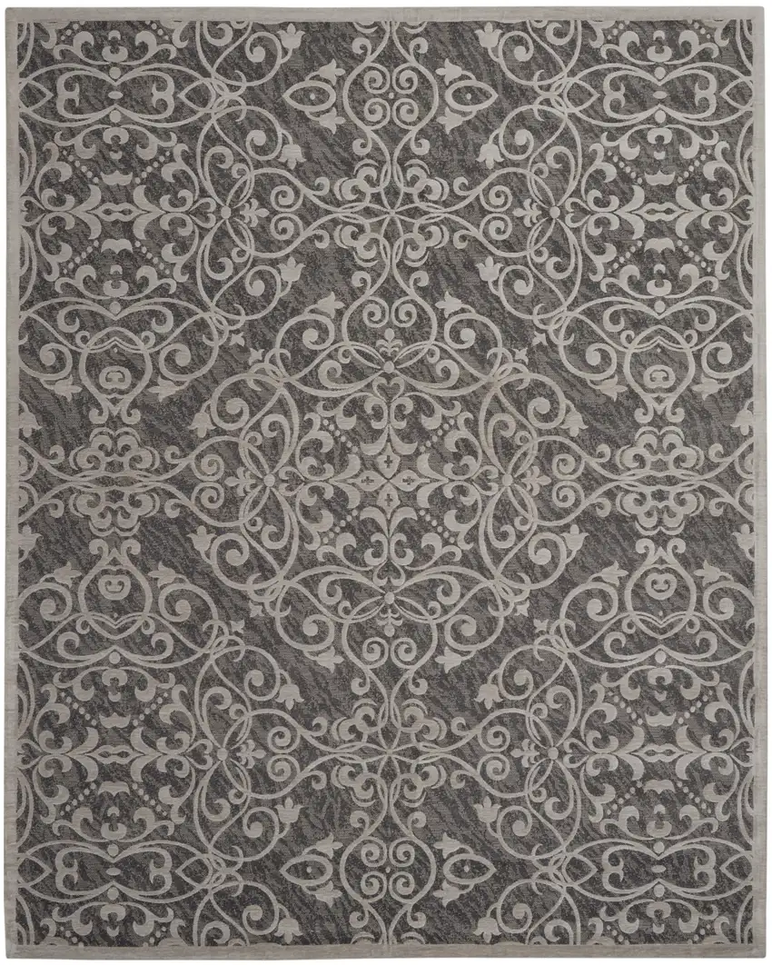 Charcoal and Gray Damask Distressed Area Rug Photo 2