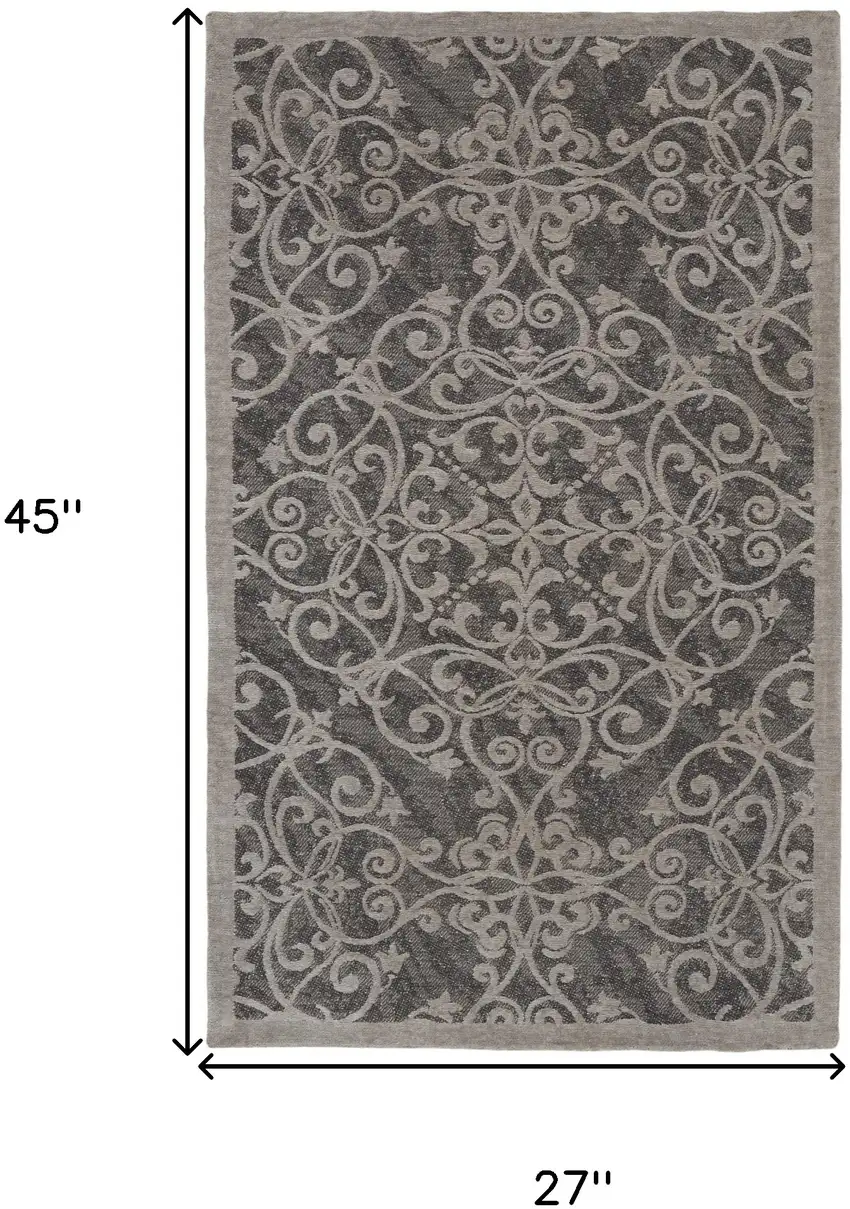 Charcoal and Gray Damask Distressed Area Rug Photo 3