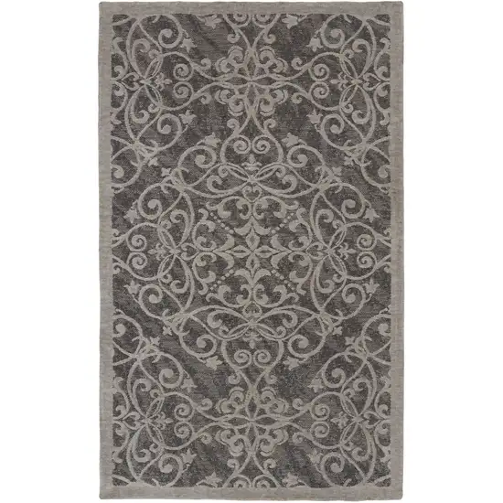 Charcoal and Gray Damask Distressed Area Rug Photo 2