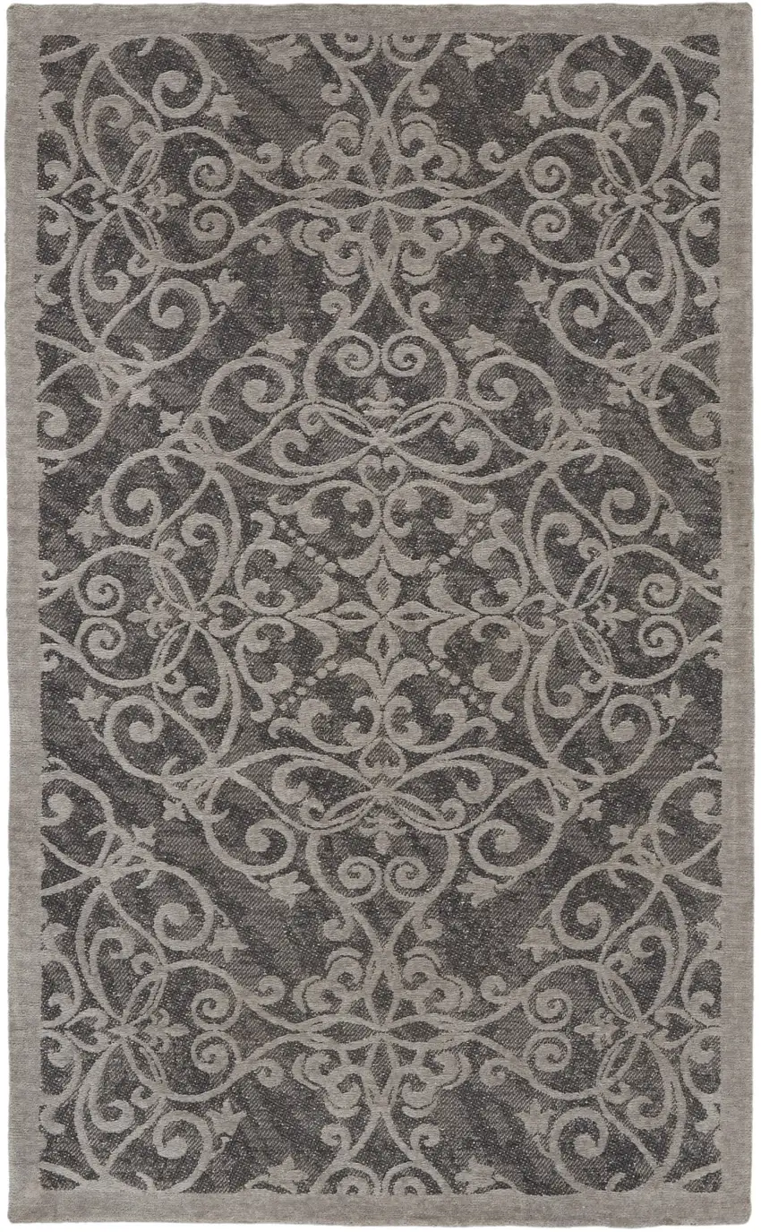 Charcoal and Gray Damask Distressed Area Rug Photo 2