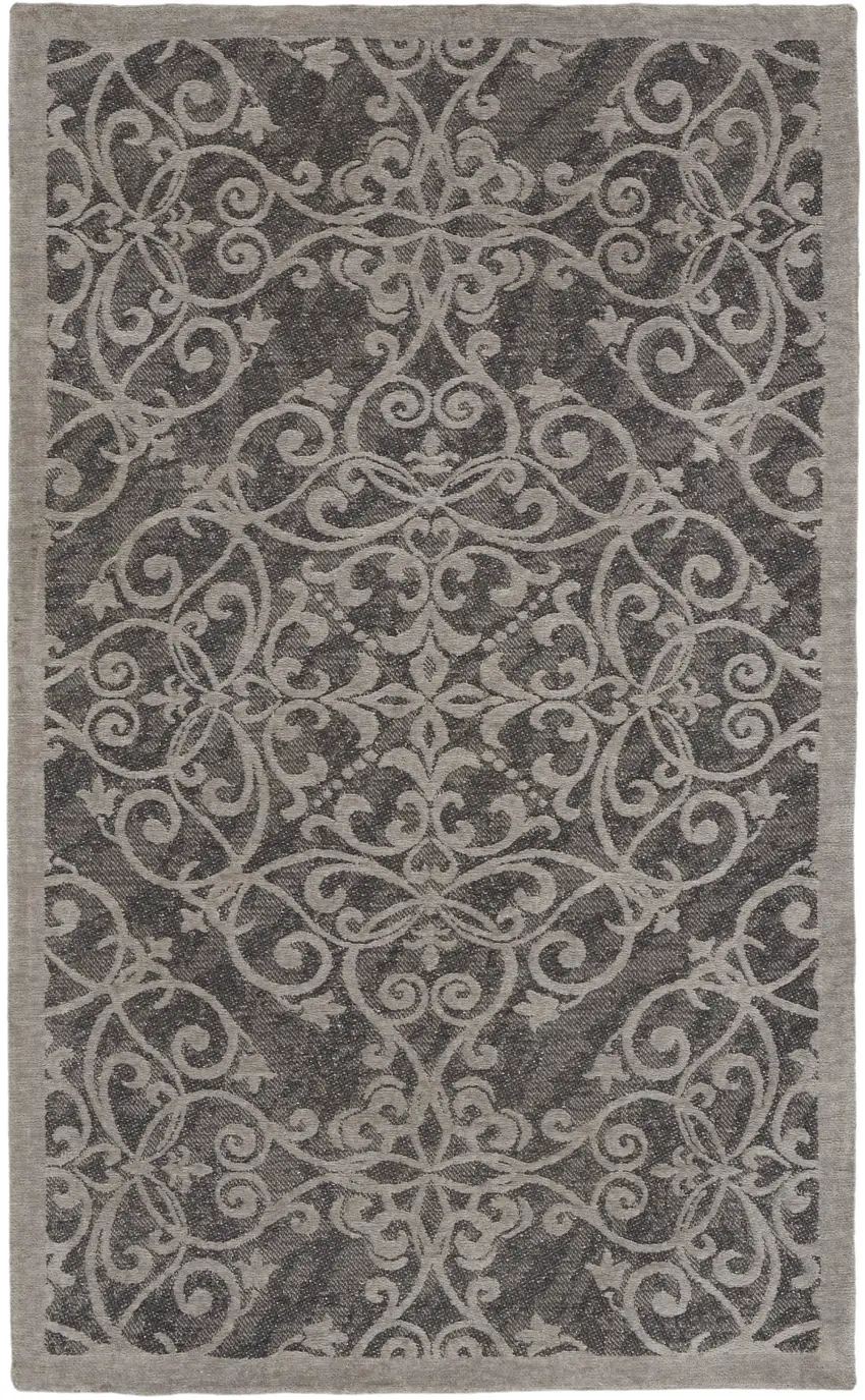 Charcoal and Gray Damask Distressed Area Rug Photo 6