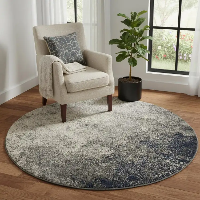 5' Gray And Ivory Abstract Round Rug Photo 1