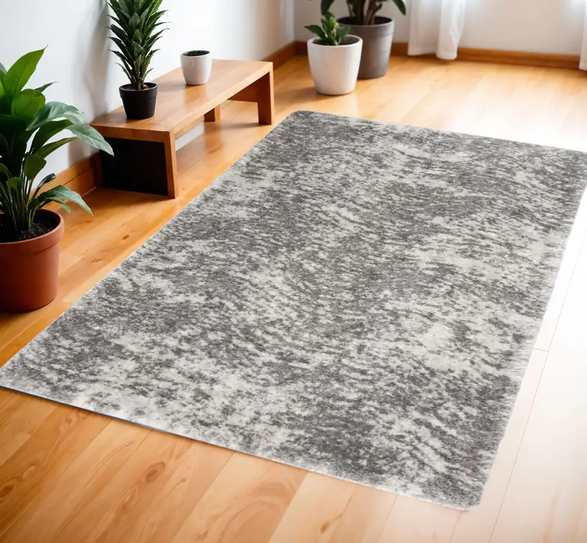 Charcoal and Ivory Abstract Shag Area Rug Photo 1