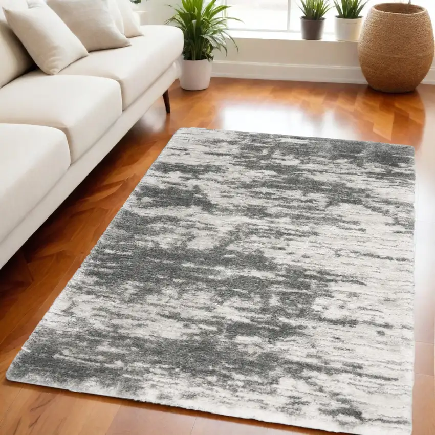 Charcoal and Ivory Abstract Shag Area Rug Photo 1