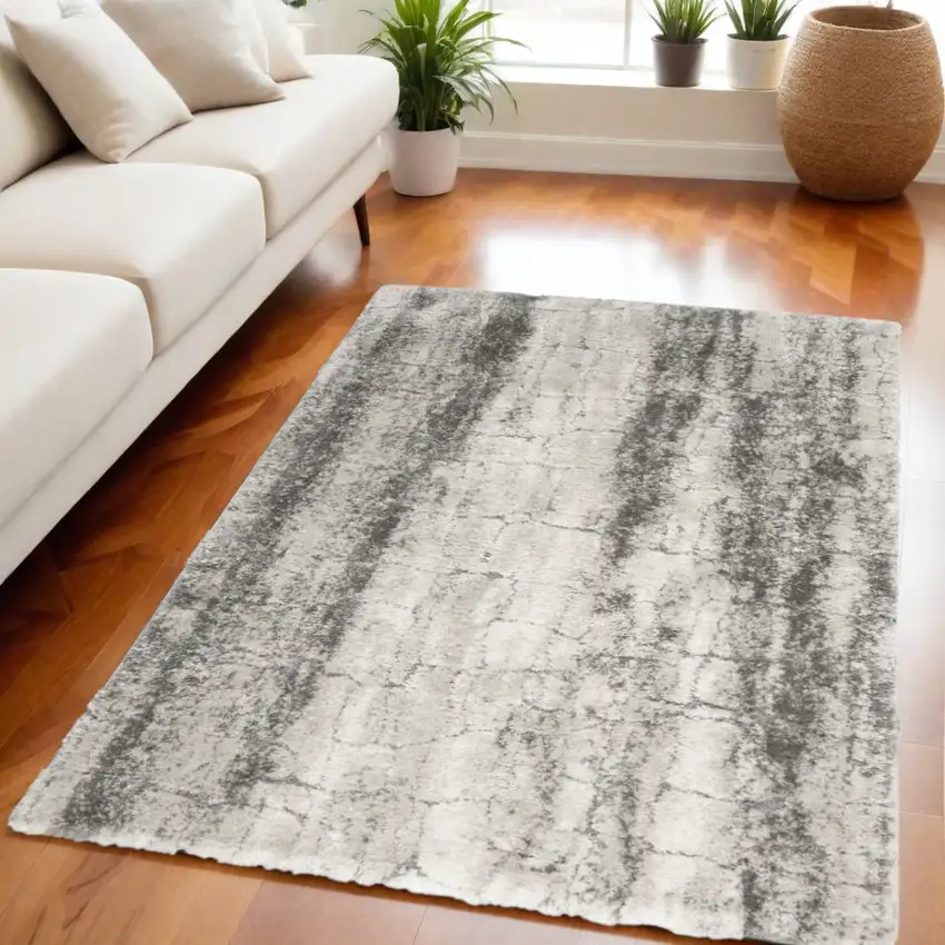 Charcoal and Ivory Abstract Shag Area Rug Photo 1