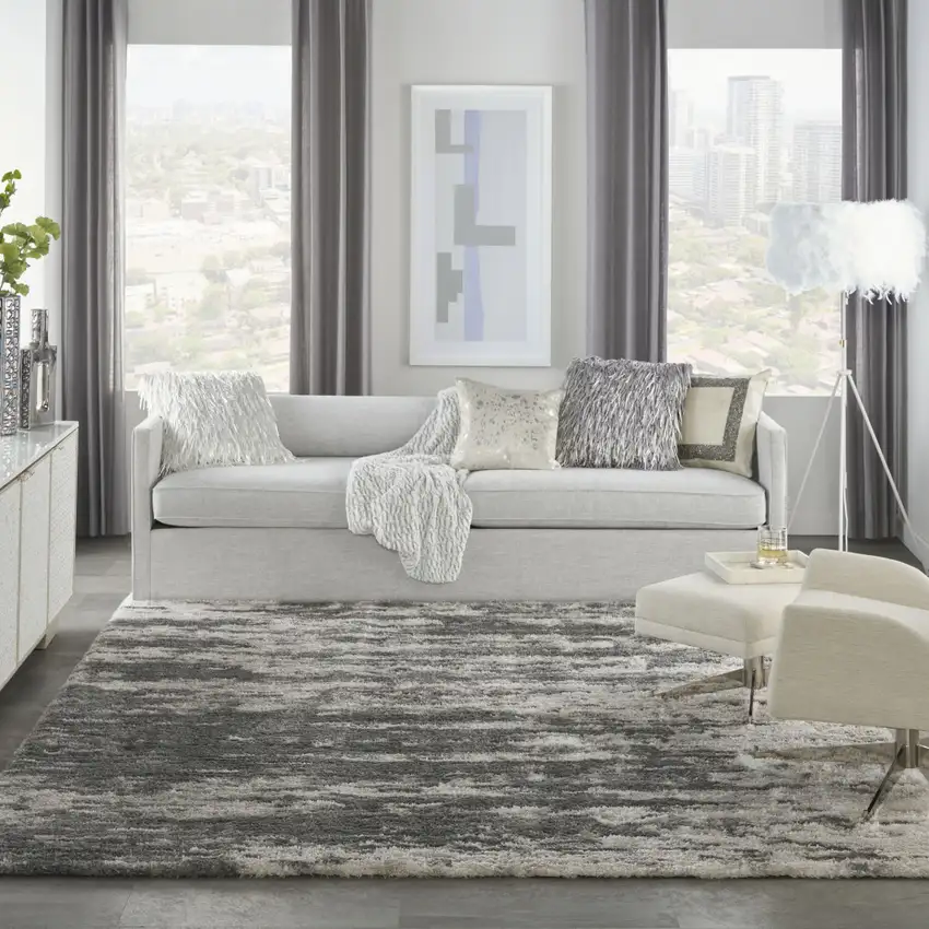 Charcoal and Ivory Abstract Shag Area Rug Photo 8