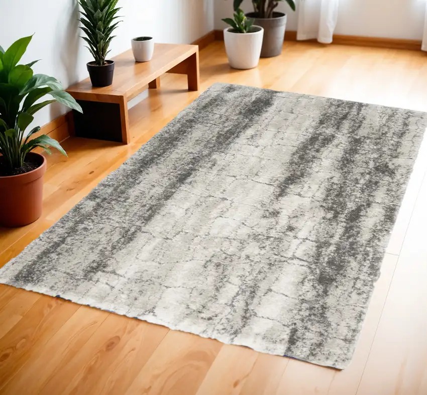Charcoal and Ivory Abstract Shag Area Rug Photo 1