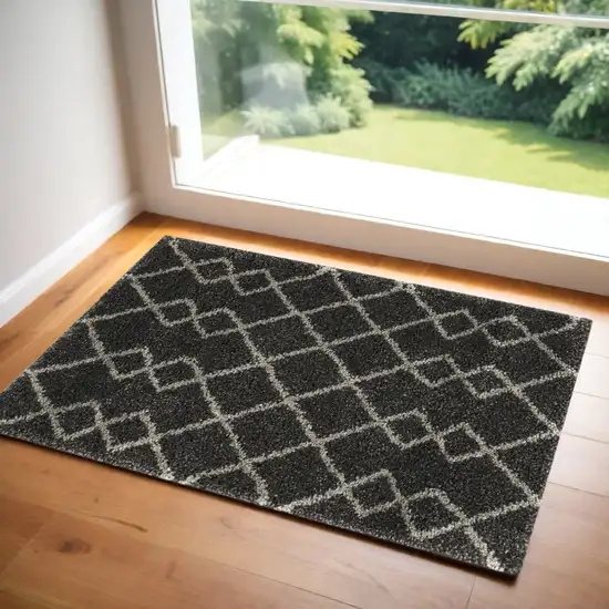 Charcoal and Ivory Geometric Shag Area Rug Photo 1