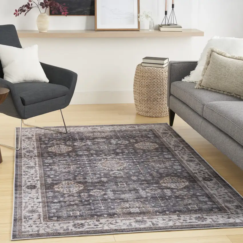 Charcoal and Ivory Oriental Distressed Non Skid Area Rug Photo 6
