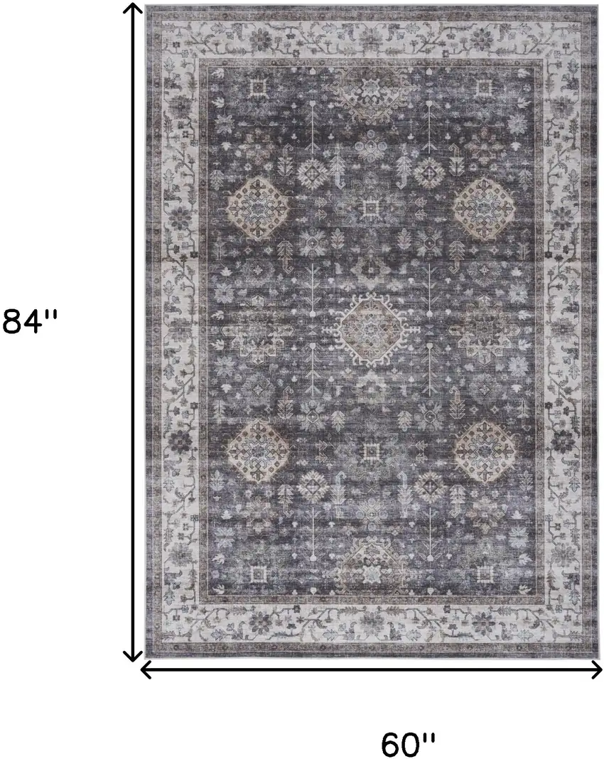 Charcoal and Ivory Oriental Distressed Non Skid Area Rug Photo 3