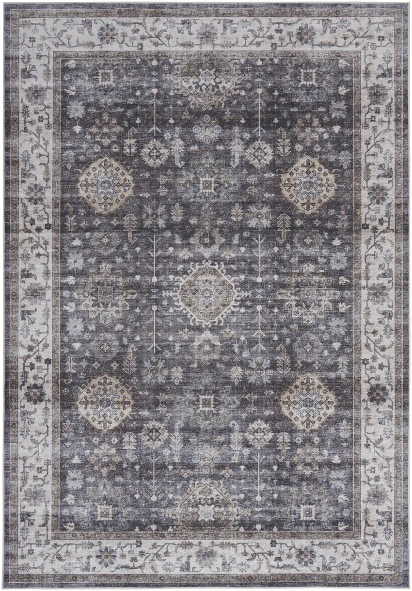 Charcoal and Ivory Oriental Distressed Non Skid Area Rug Photo 8