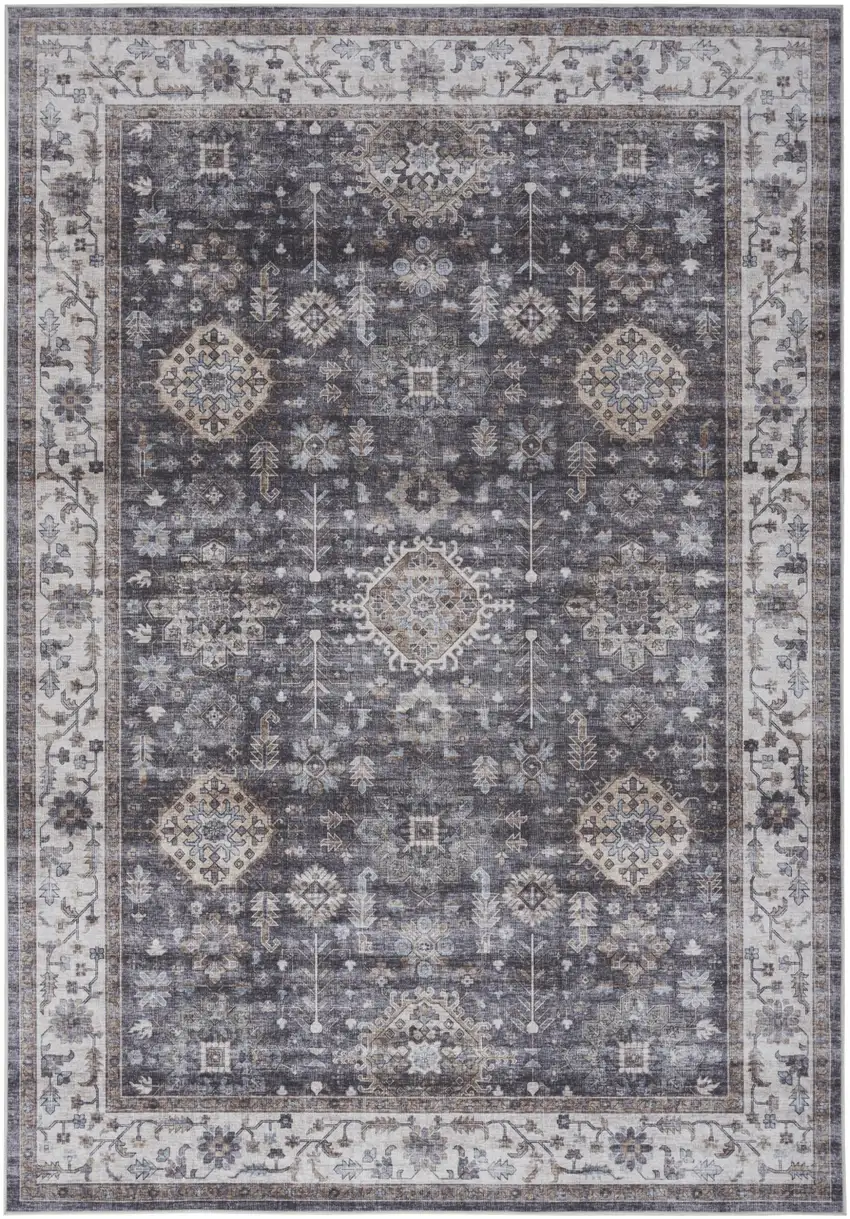 Charcoal and Ivory Oriental Distressed Non Skid Area Rug Photo 7