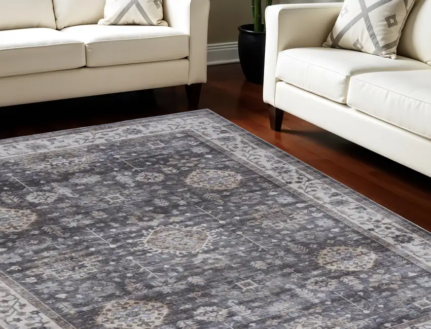 Charcoal and Ivory Oriental Distressed Non Skid Area Rug Photo 1