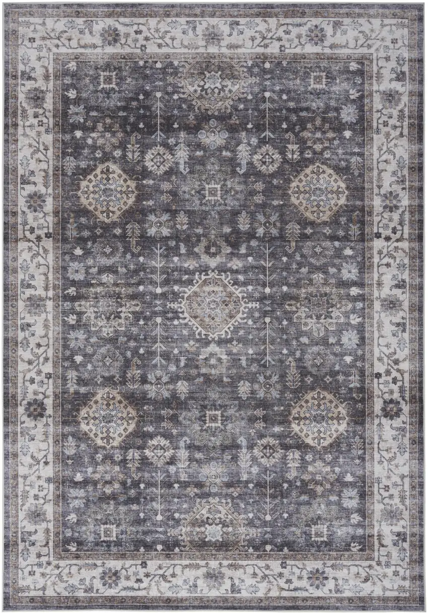 Charcoal and Ivory Oriental Distressed Non Skid Area Rug Photo 2