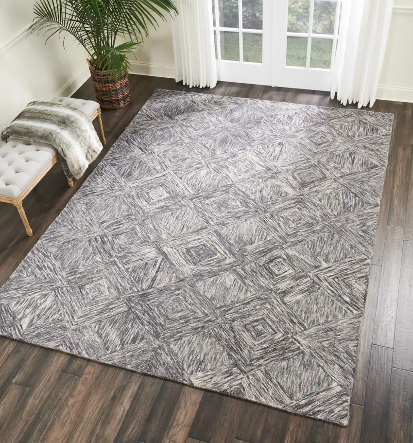 Charcoal and Ivory Wool Geometric Area Rug Photo 7