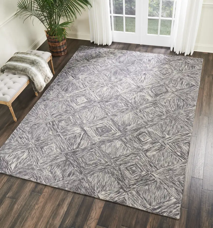 Charcoal and Ivory Wool Geometric Area Rug Photo 4