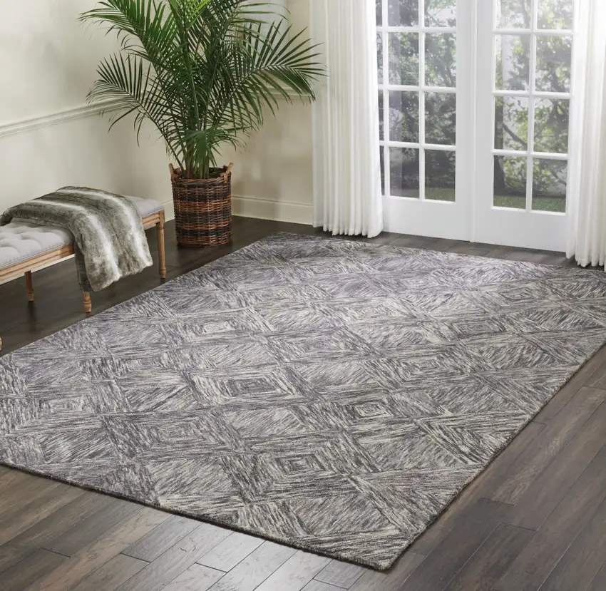 Charcoal and Ivory Wool Geometric Area Rug Photo 3