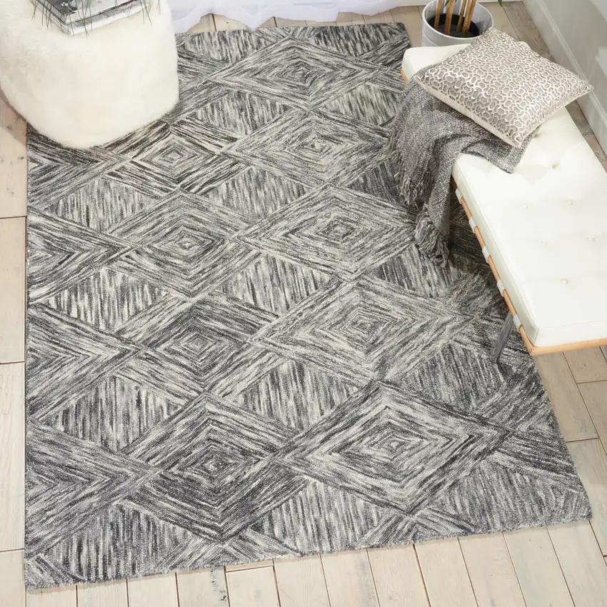 Charcoal and Ivory Wool Geometric Area Rug Photo 4