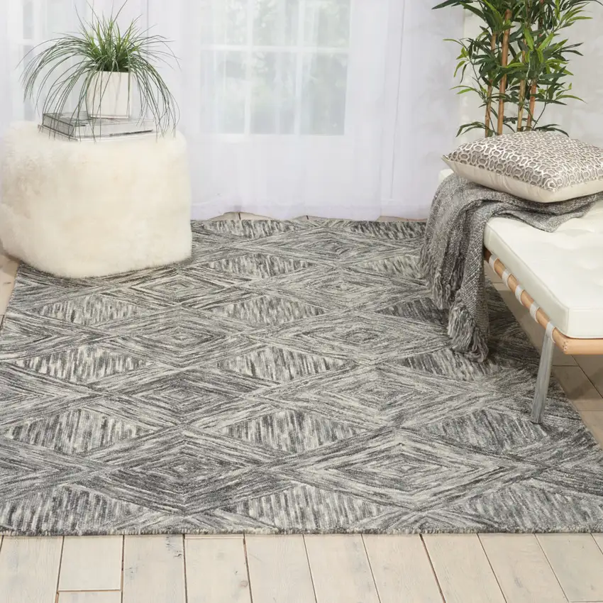 Charcoal and Ivory Wool Geometric Area Rug Photo 3