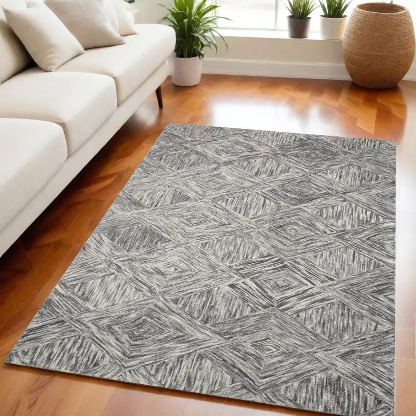 Charcoal and Ivory Wool Geometric Area Rug Photo 2