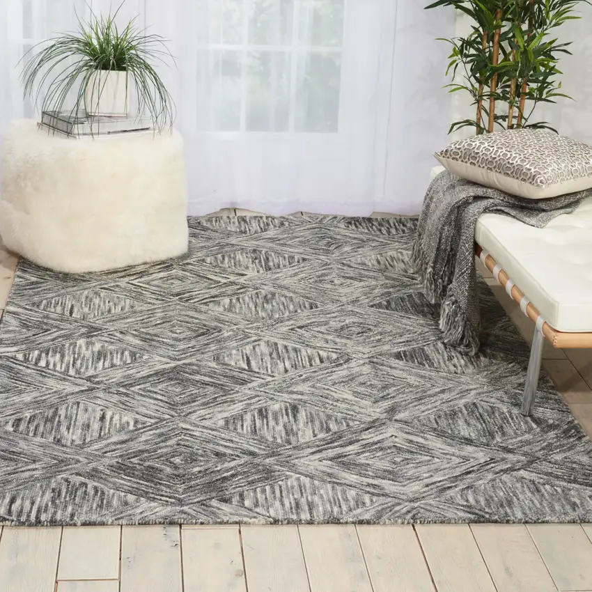 Charcoal and Ivory Wool Geometric Area Rug Photo 7