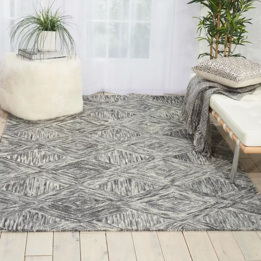 Charcoal and Ivory Wool Geometric Area Rug Photo 3