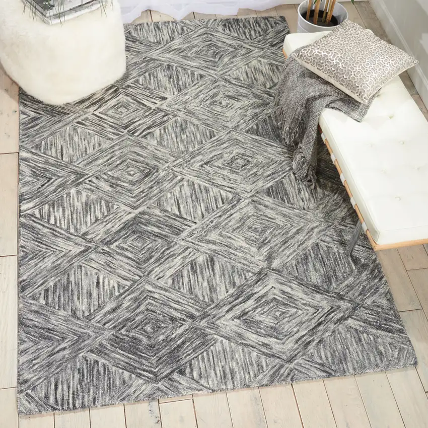 Charcoal and Ivory Wool Geometric Area Rug Photo 4