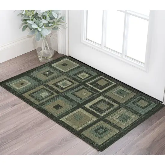 Color Block Beige And Teal Checkered Stain Resistant Area Rug Photo 1
