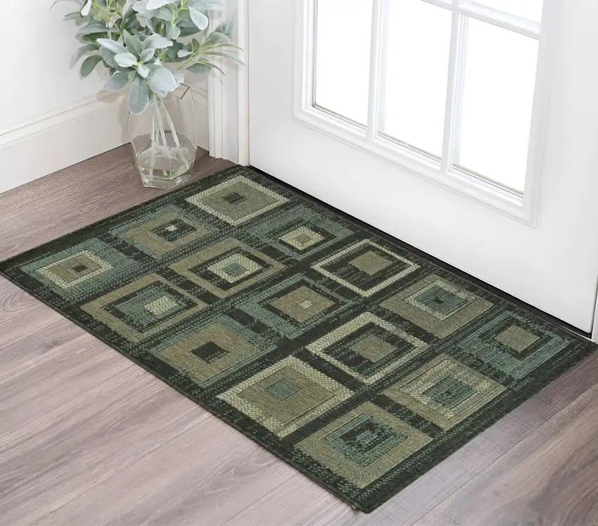 Color Block Beige And Teal Checkered Stain Resistant Area Rug Photo 1