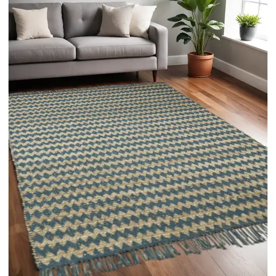 Teal Chevron Hand Woven Stain Resistant Area Rug With Fringe Photo 1
